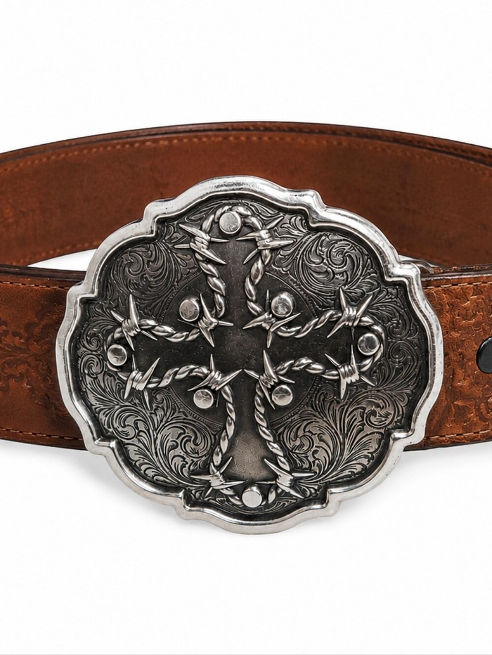 Bent Rail Leather Cowhide Belt & Buckle SZ: 34" Tooled Removable Buckle Closure
